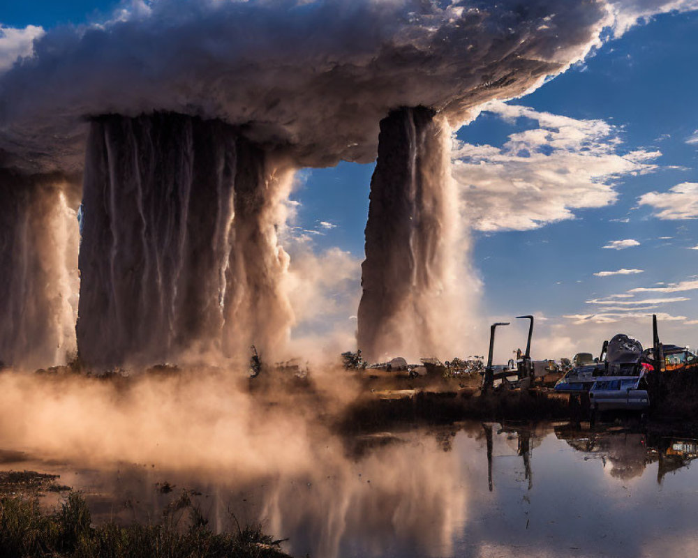 Surreal image: colossal waterfalls from massive cloud over calm water