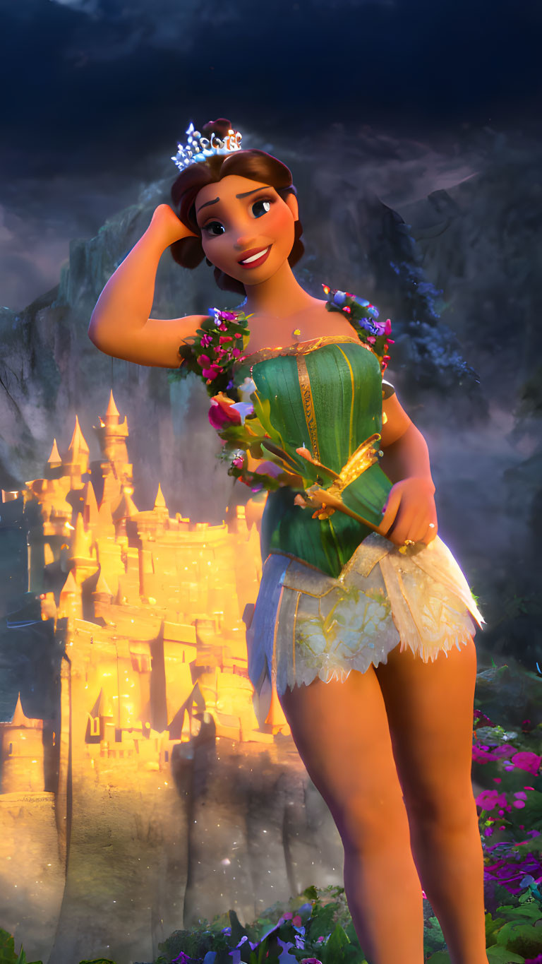 Smiling princess with tiara holding flowers at twilight