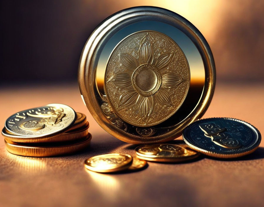 Intricate Floral Design Golden Coin Among Embossed Coins