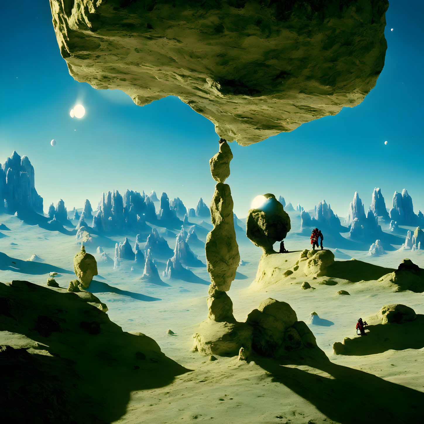 Surreal landscape with floating rock formation, slender pillar, tiny figures, and two moons