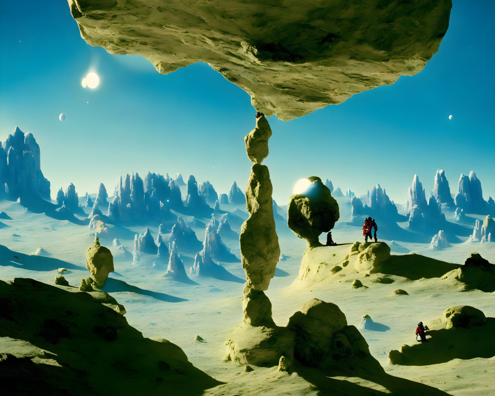 Surreal landscape with floating rock formation, slender pillar, tiny figures, and two moons