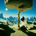 Surreal landscape with floating rock formation, slender pillar, tiny figures, and two moons