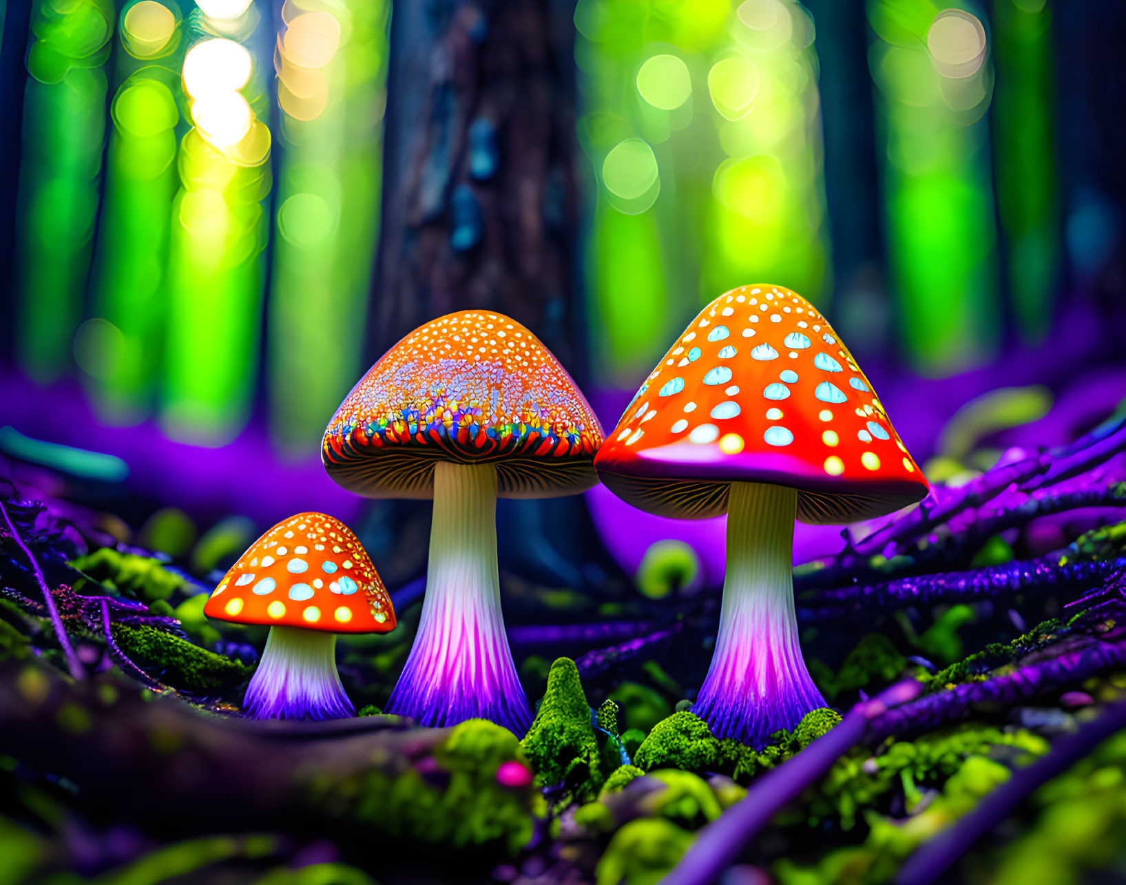 Three red-capped mushrooms with white spots in a neon forest setting