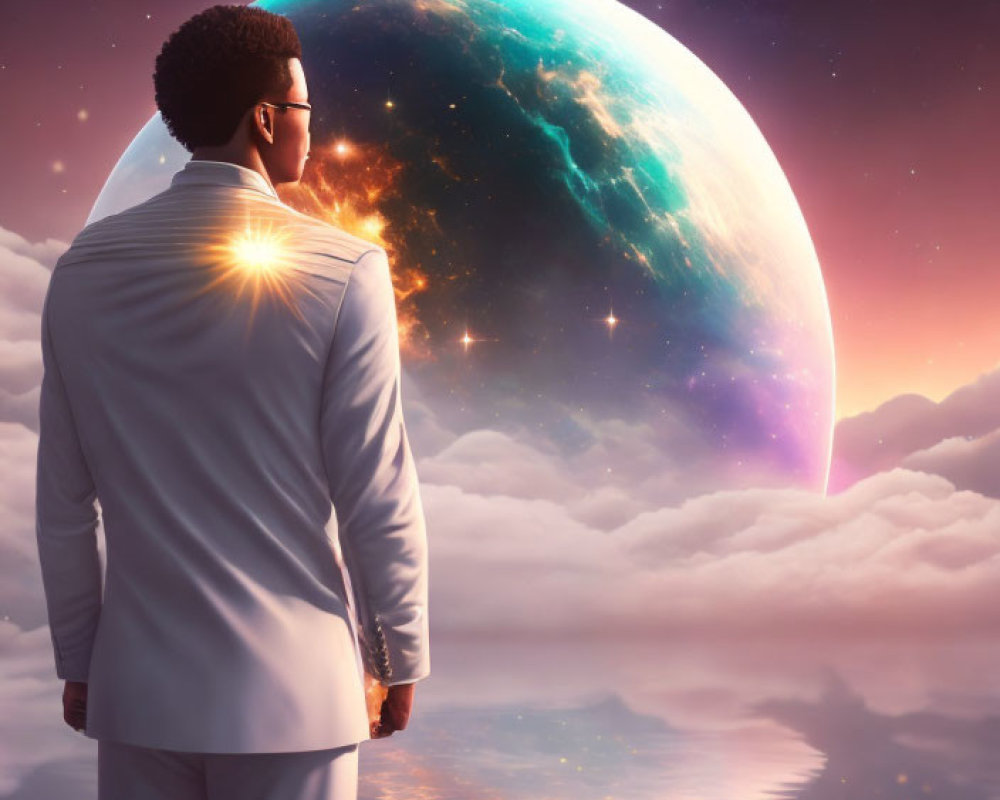 Businessman admires Earth-like planet in suit with sunburst over horizon.