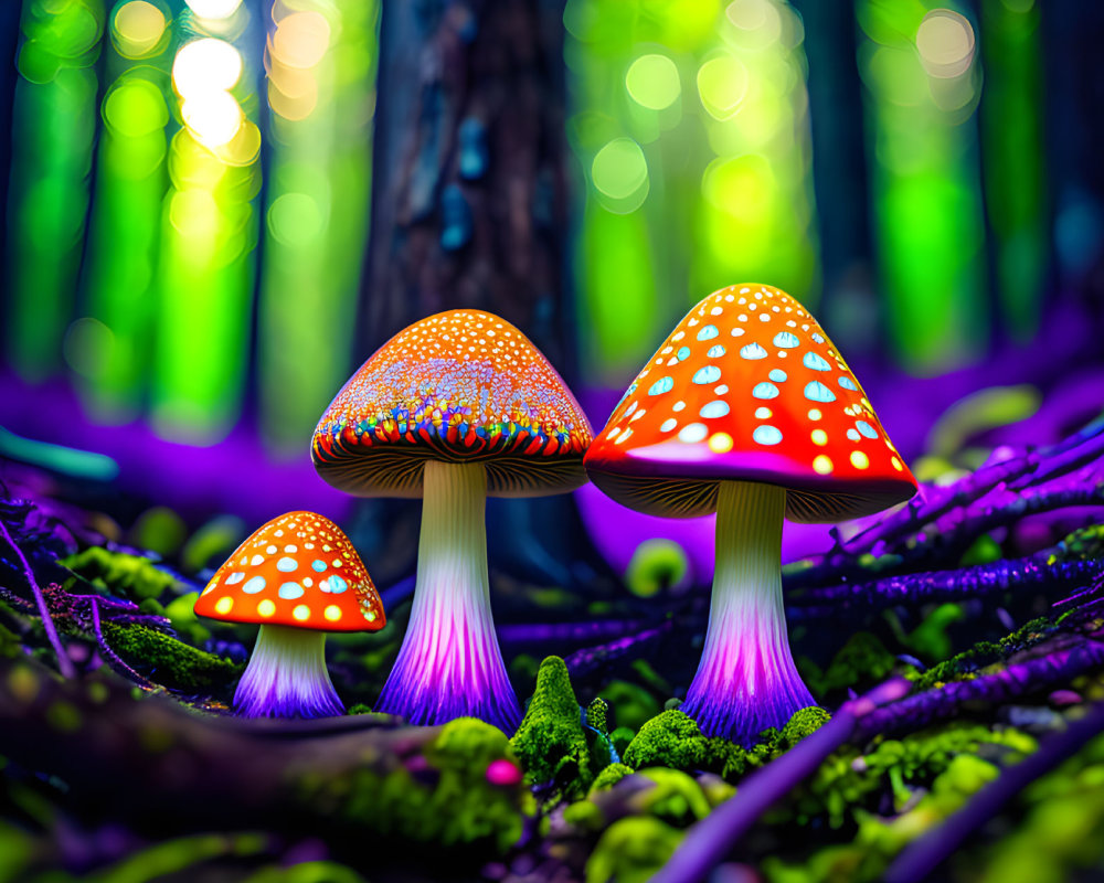 Three red-capped mushrooms with white spots in a neon forest setting