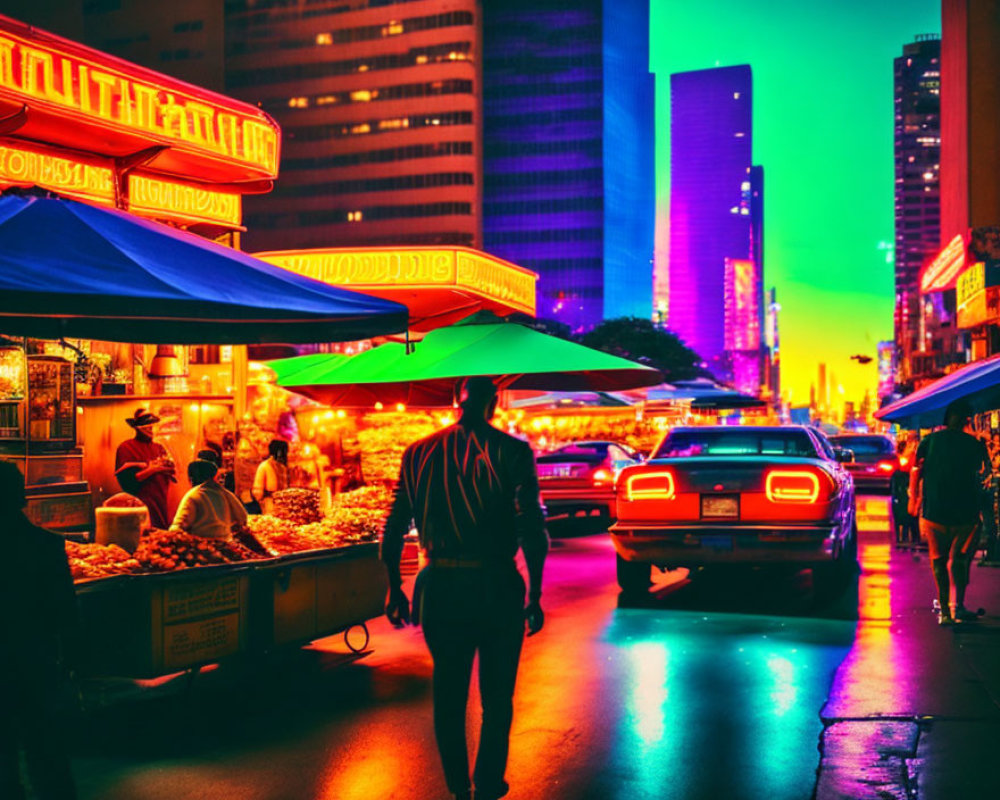 City street at dusk: neon lights, street vendors, colorful umbrellas, pedestrian, classic car ta