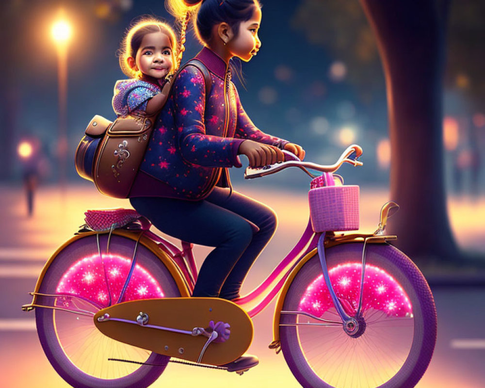 Two girls on evening bike ride with glowing pink wheels.