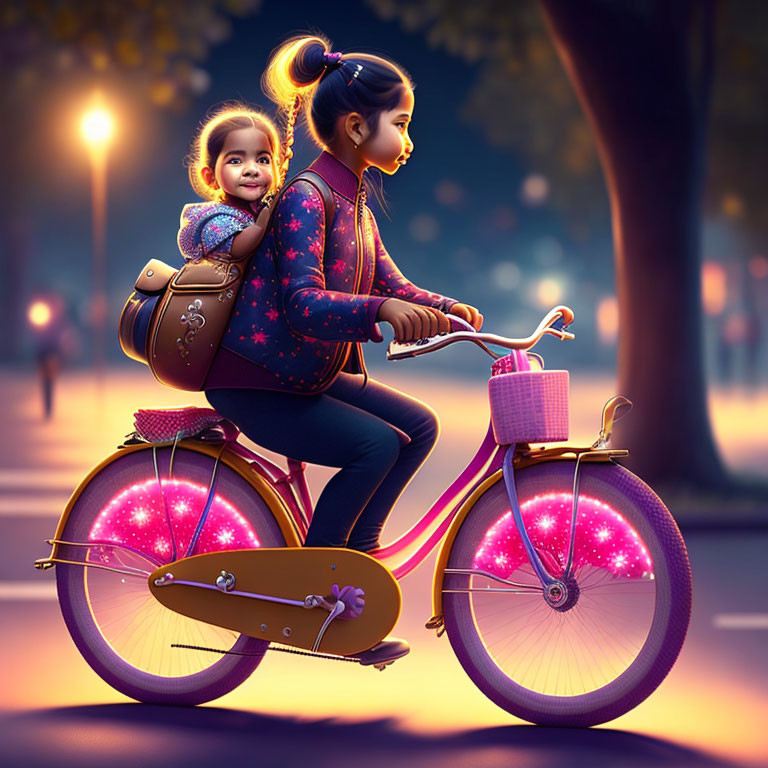 Two girls on evening bike ride with glowing pink wheels.