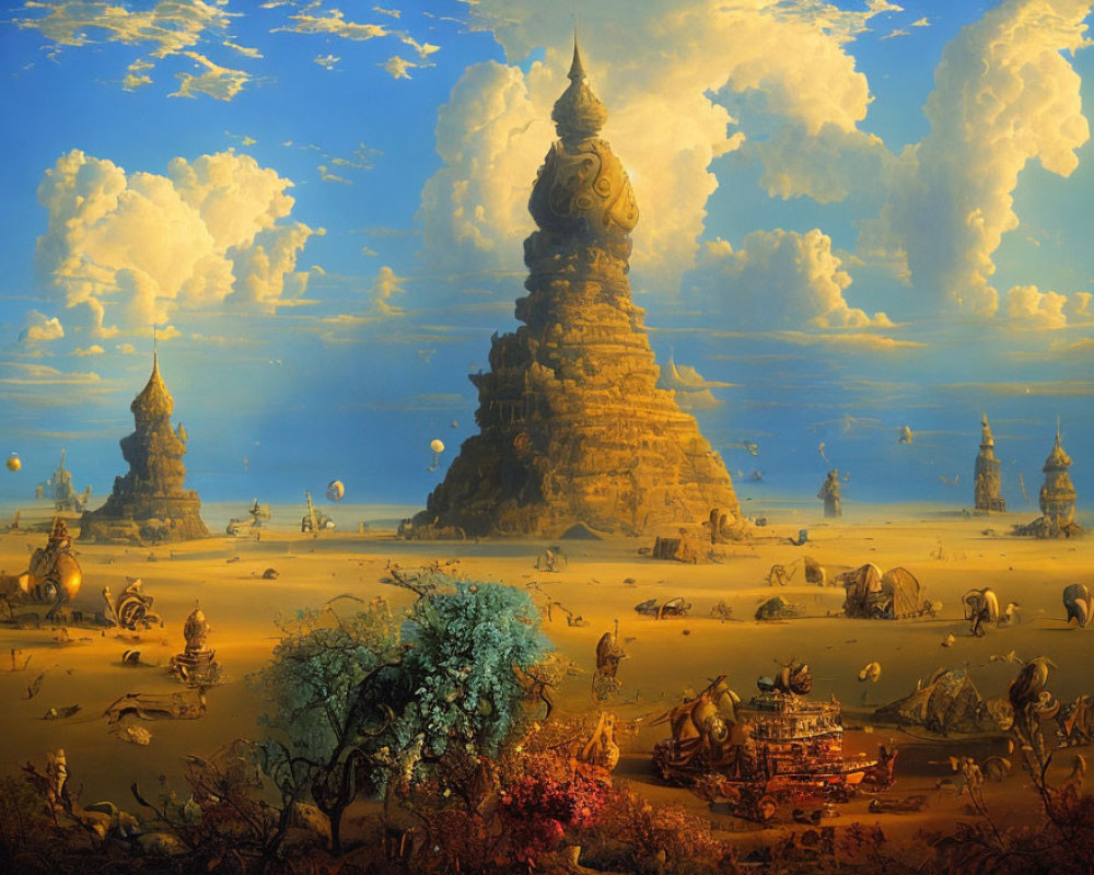 Vibrant desert landscape with towering spires and roaming creatures