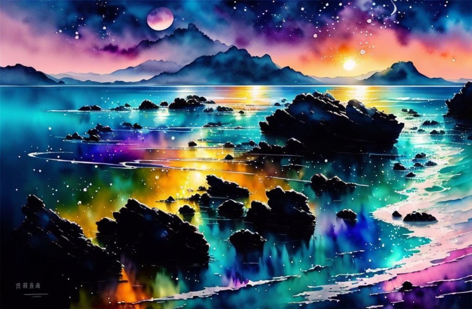 Colorful Starry Night Sky Over Lake with Mountains: Digital Artwork