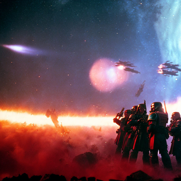 Futuristic soldiers in armor in fiery landscape with cosmic bodies