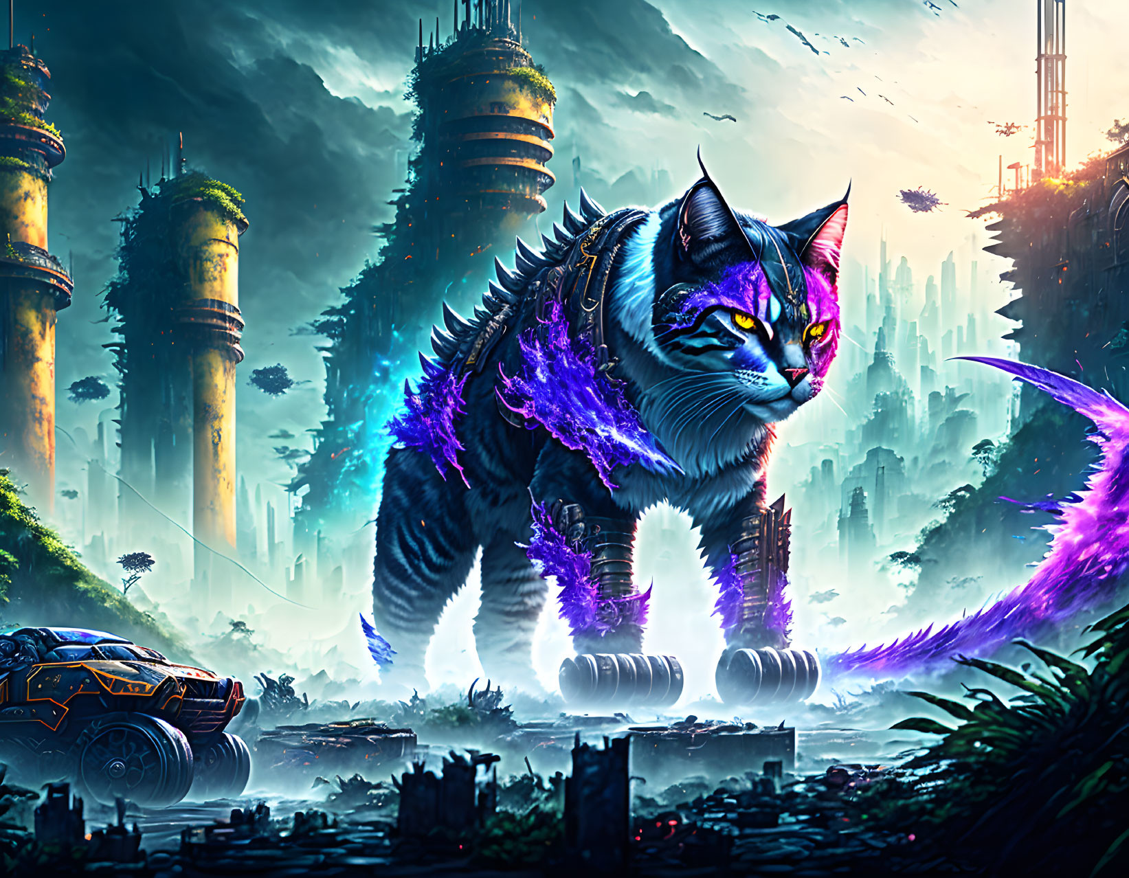 Neon-accented cat in futuristic cityscape with vehicle