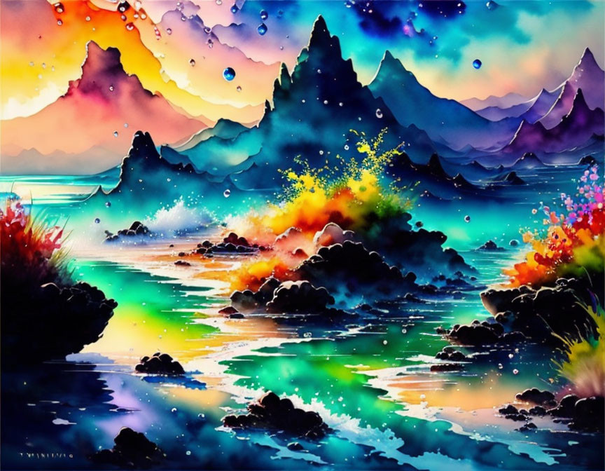 Colorful Watercolor Painting of Luminous Seascape with Mountains