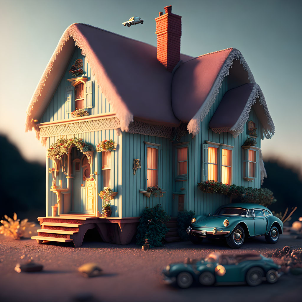 Miniature blue house with snow-covered roof, vintage car, and toy plane in warm lighting