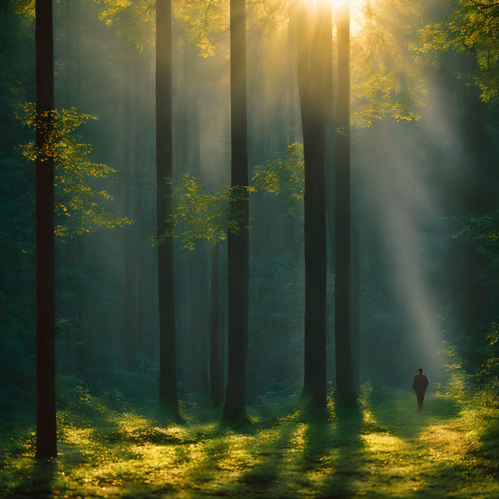 Misty forest with sunlight filtering through, person walking among tall trees