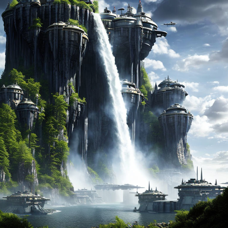 Cliffs with Waterfalls, Spires, Crafts, Ships, and Lush Surroundings