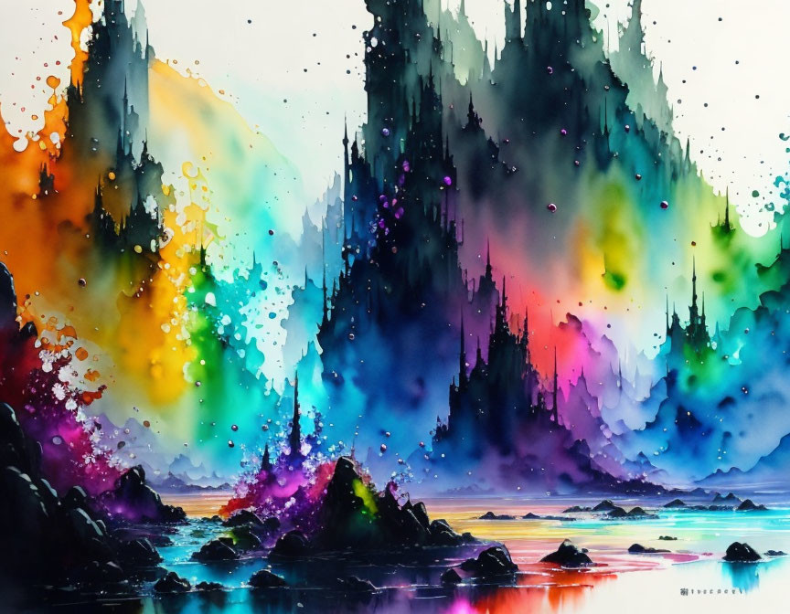 Colorful Watercolor Landscape: Dripping Mountain Peaks & Tranquil Water Reflections