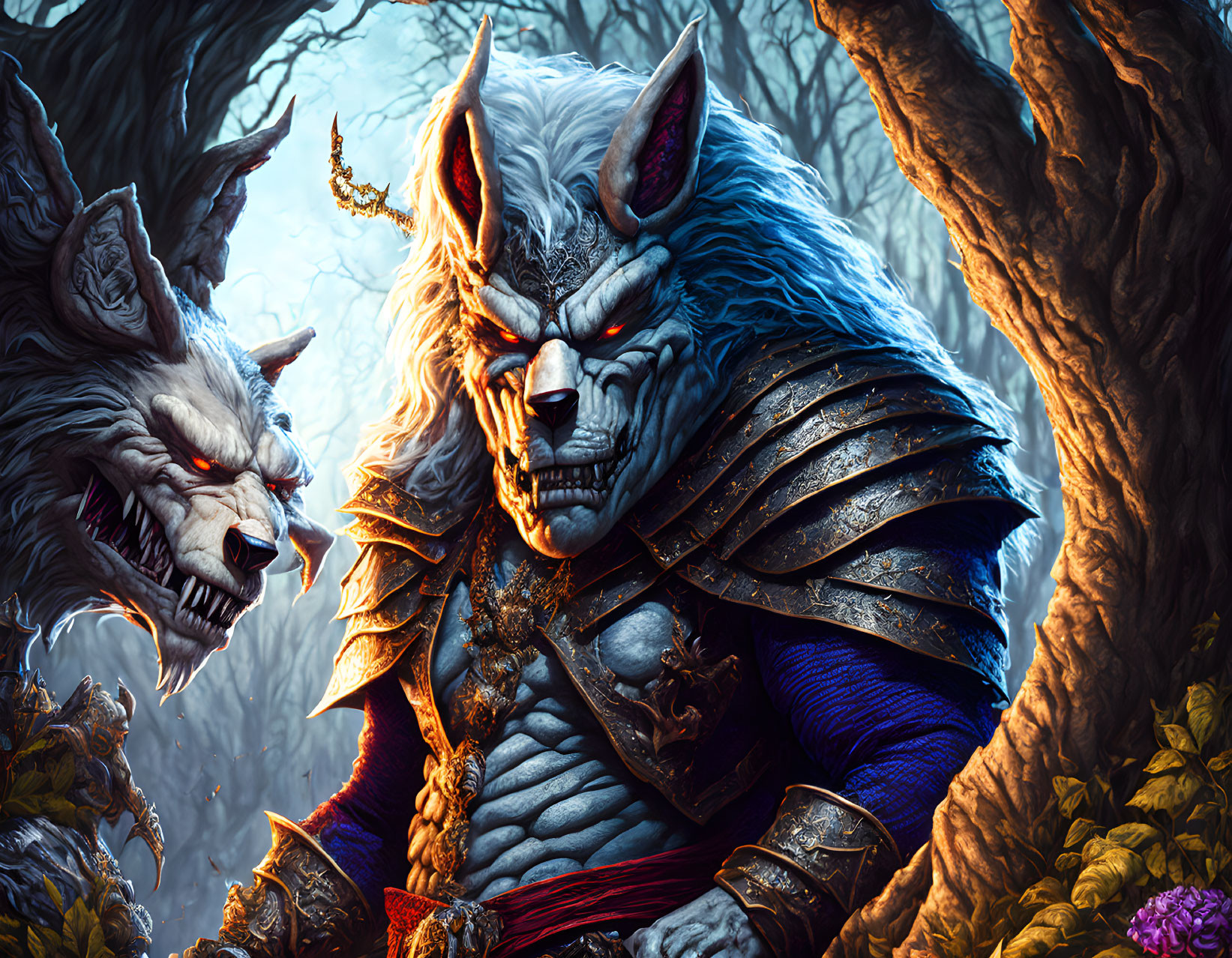 Regal werewolf-like creature in armor with fierce companion in twilight forest