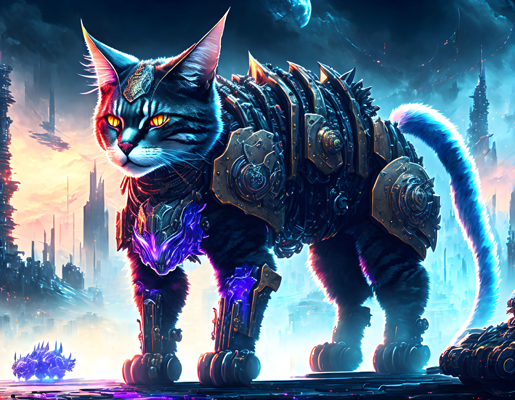 Futuristic armored cat with glowing eyes in cybernetic cityscape