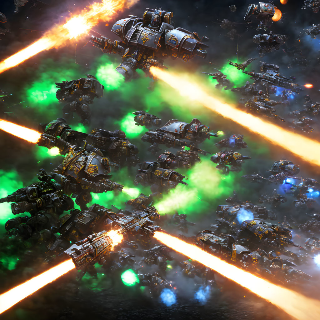 Sci-fi battle scene in space with mech-suits, lasers, and explosions