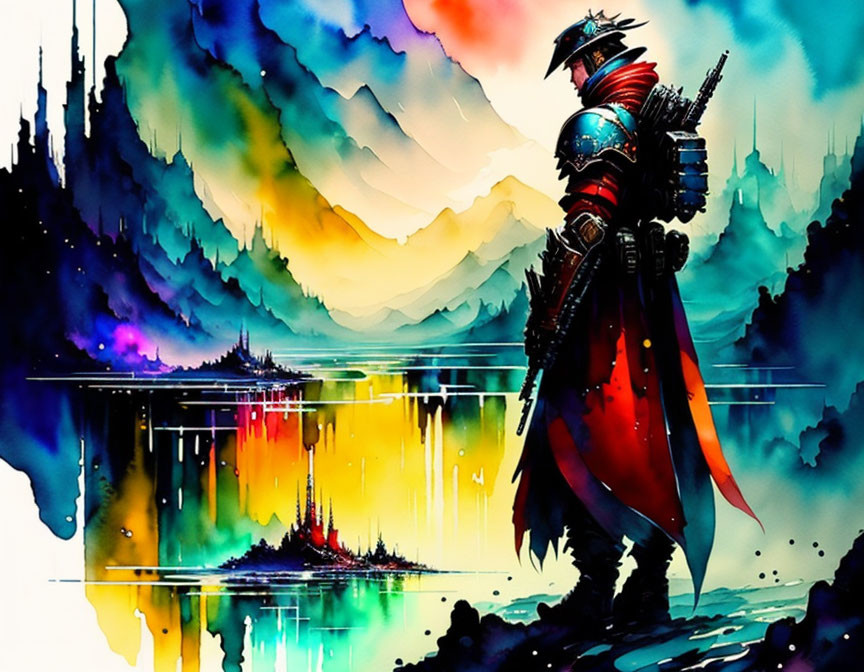 Colorful watercolor illustration of samurai in armor with red cape in abstract landscape