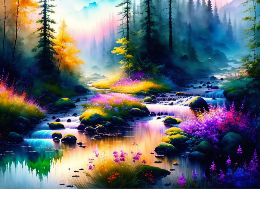 Mystical forest artwork with stream, rocks, and colorful flora in soft glow