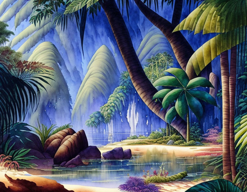 Lush Tropical Forest with Lake and Waterfalls