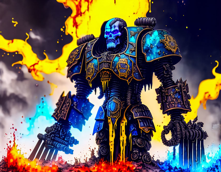 Menacing robot with skull face in fiery digital artwork