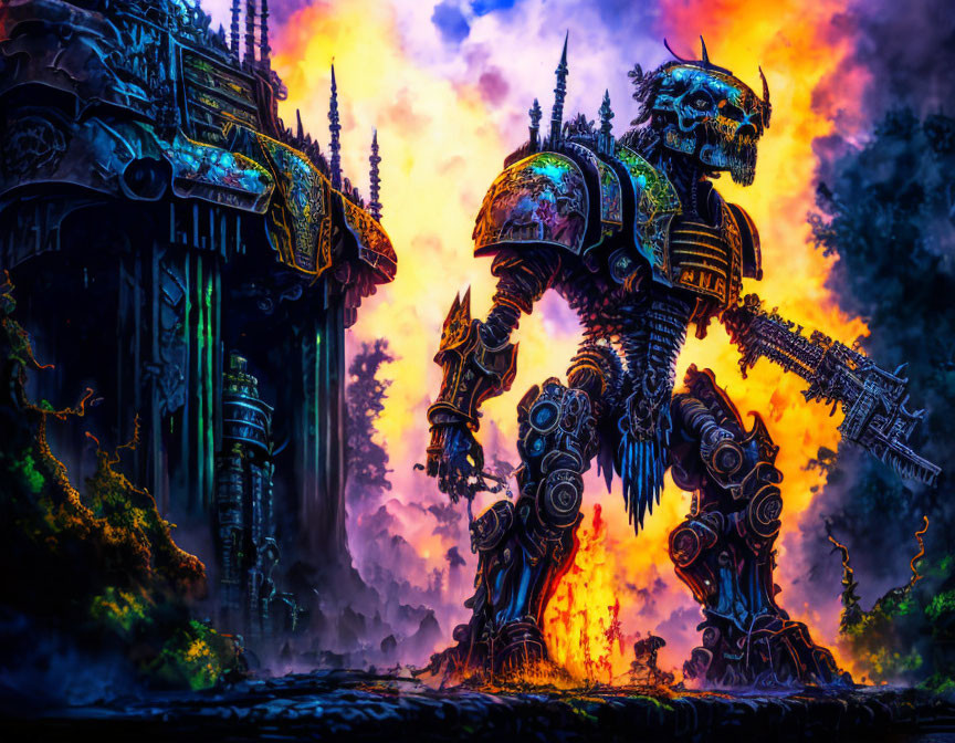 Vivid Digital Artwork: Mechanical Skeleton in Fiery Gothic Landscape