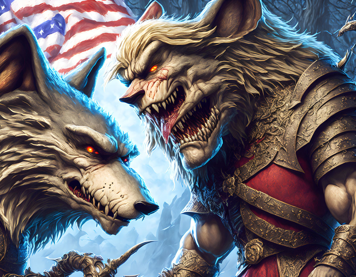 Two fierce werewolves in armor with American flag background.