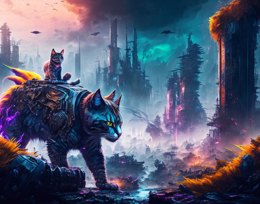 Digital artwork: Armored cats with fiery tails in dystopian cityscape