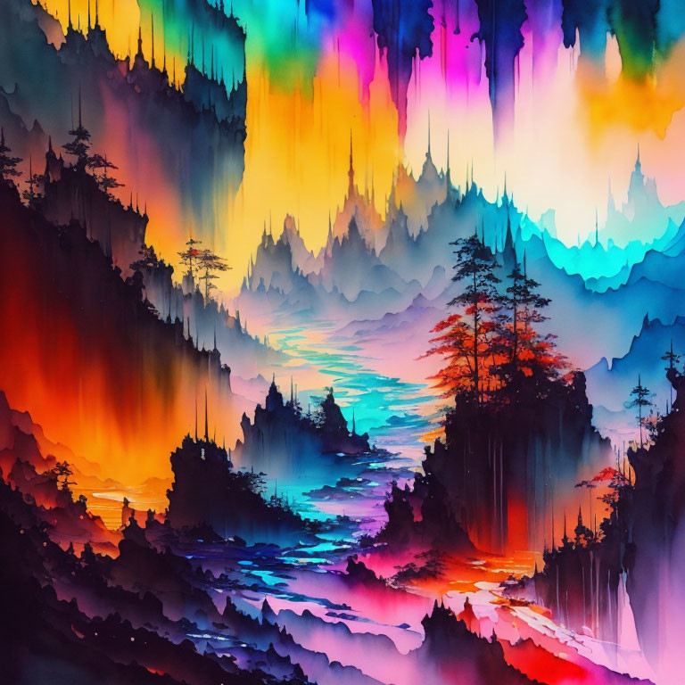 Colorful artwork of mystical landscape with silhouetted trees, dripping hues, reflective river, and