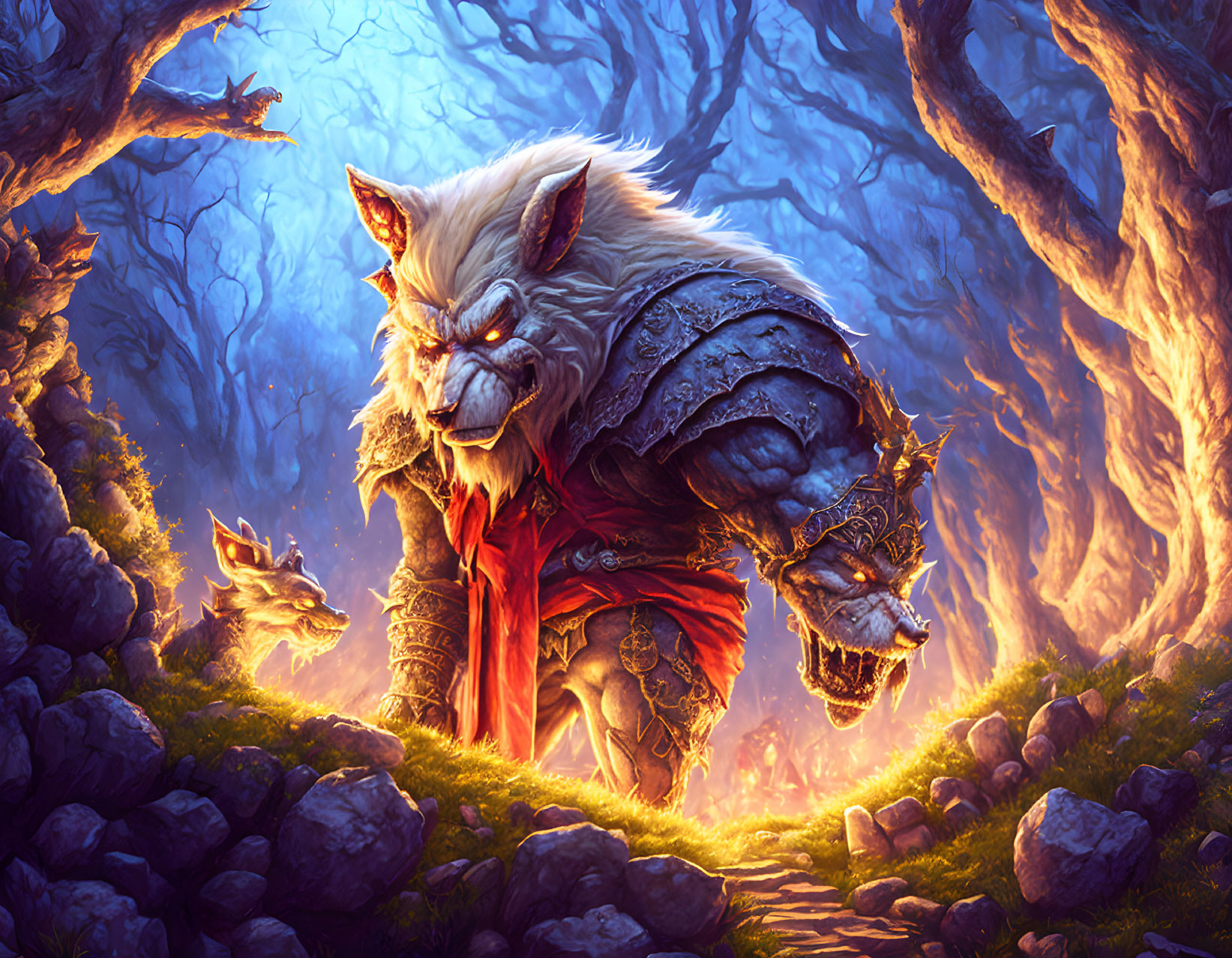 Fantasy illustration of fierce werewolf and snarling wolf in eerie forest.