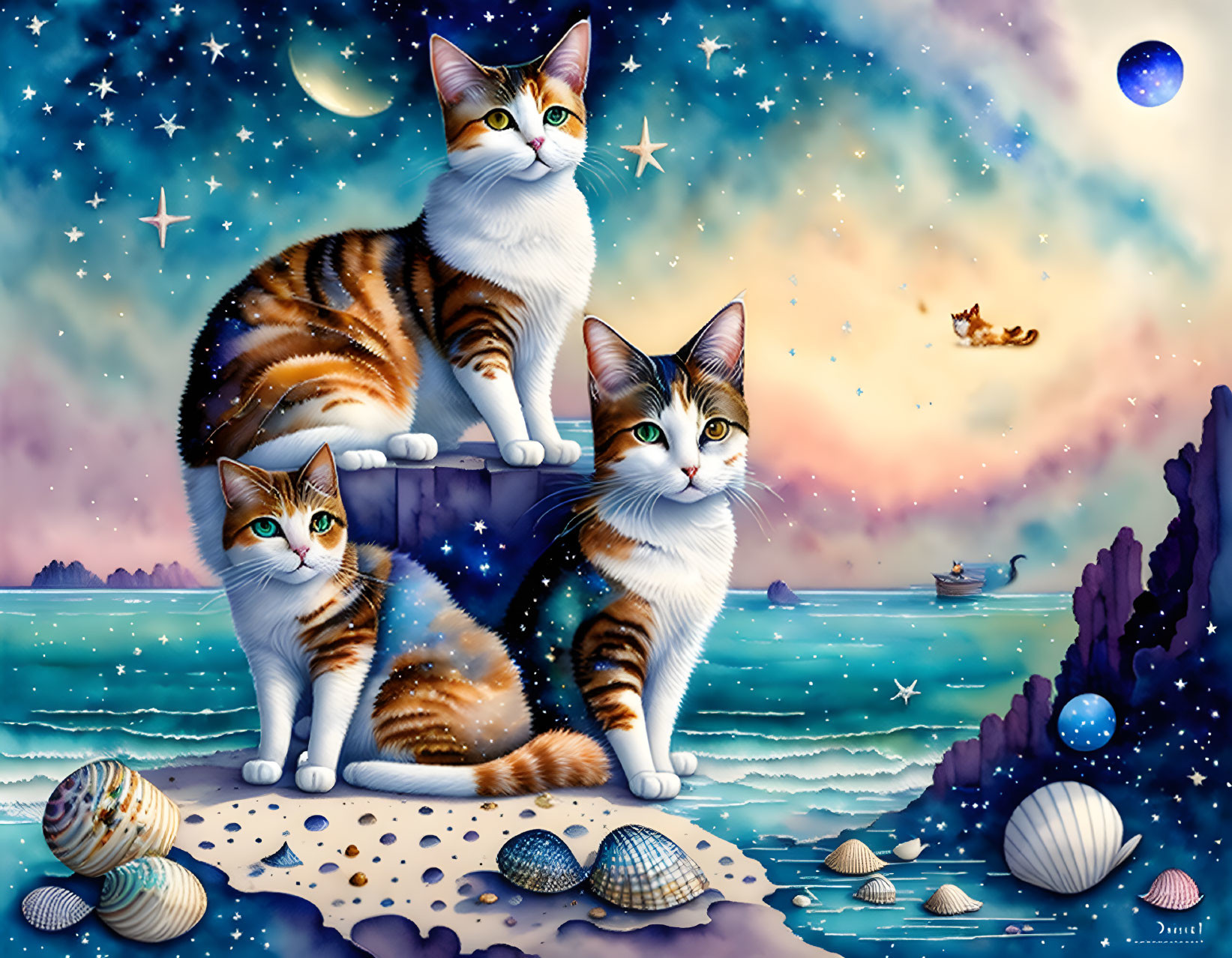 Three colorful cats with striking eyes on rock in fantastical sea