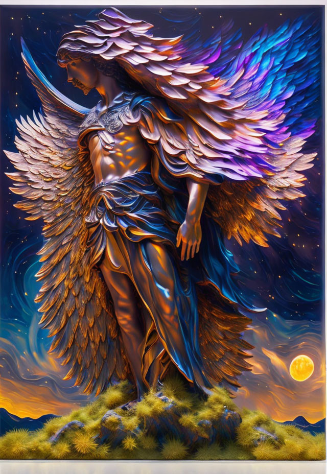 Colorful angel with wings on grassy hill under starry night sky