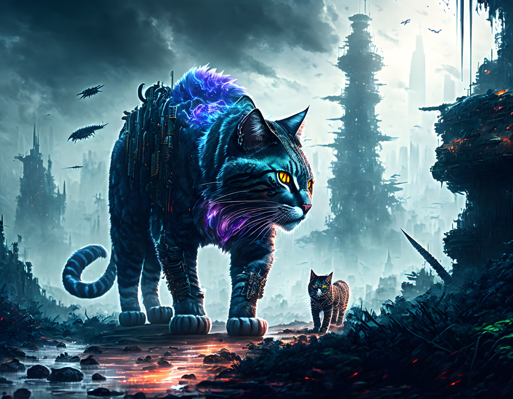 Giant Cybernetic Cat with Glowing Accents in Futuristic Cityscape