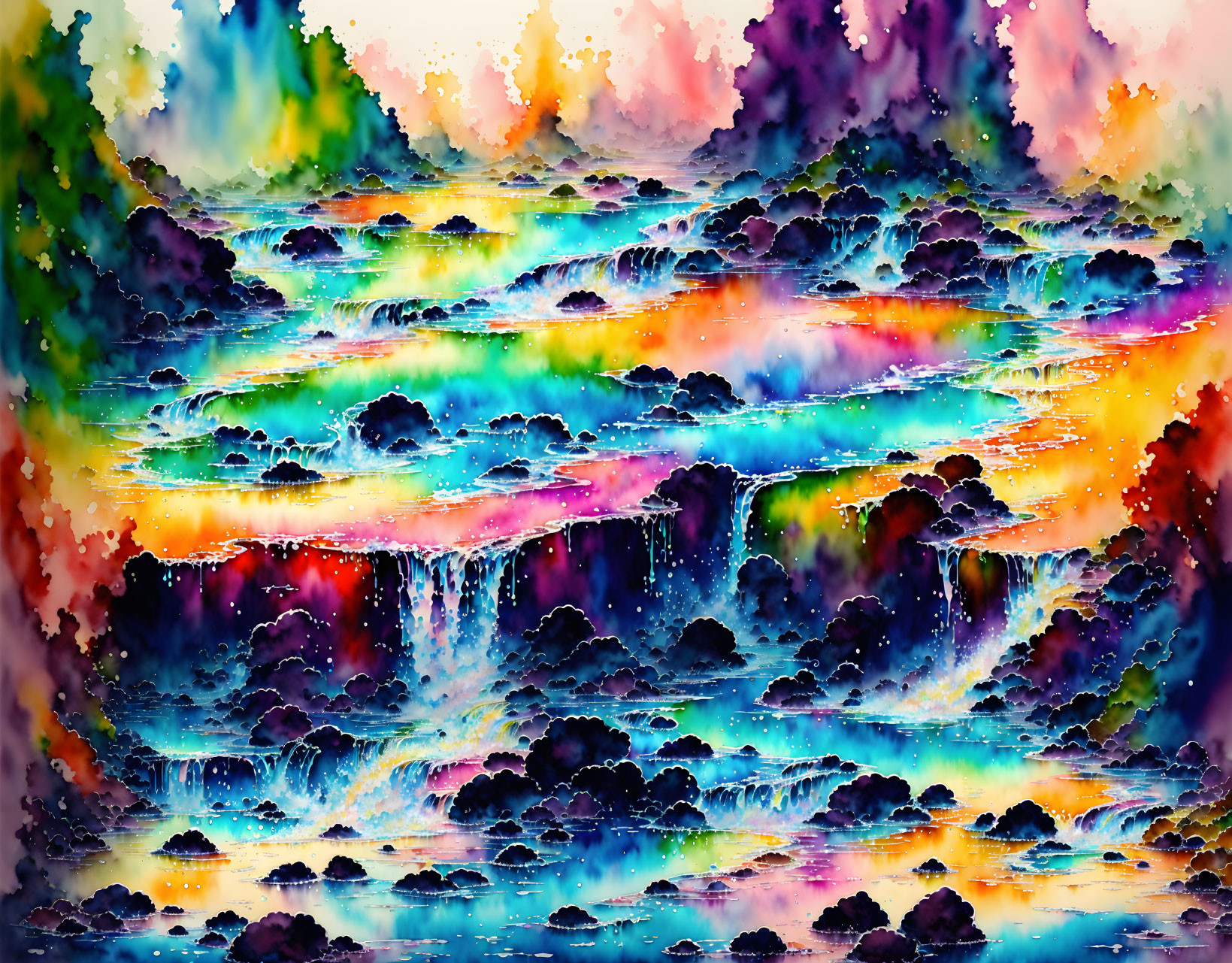 Colorful Watercolor Painting of Terraced Waterfalls with Rainbow Hues