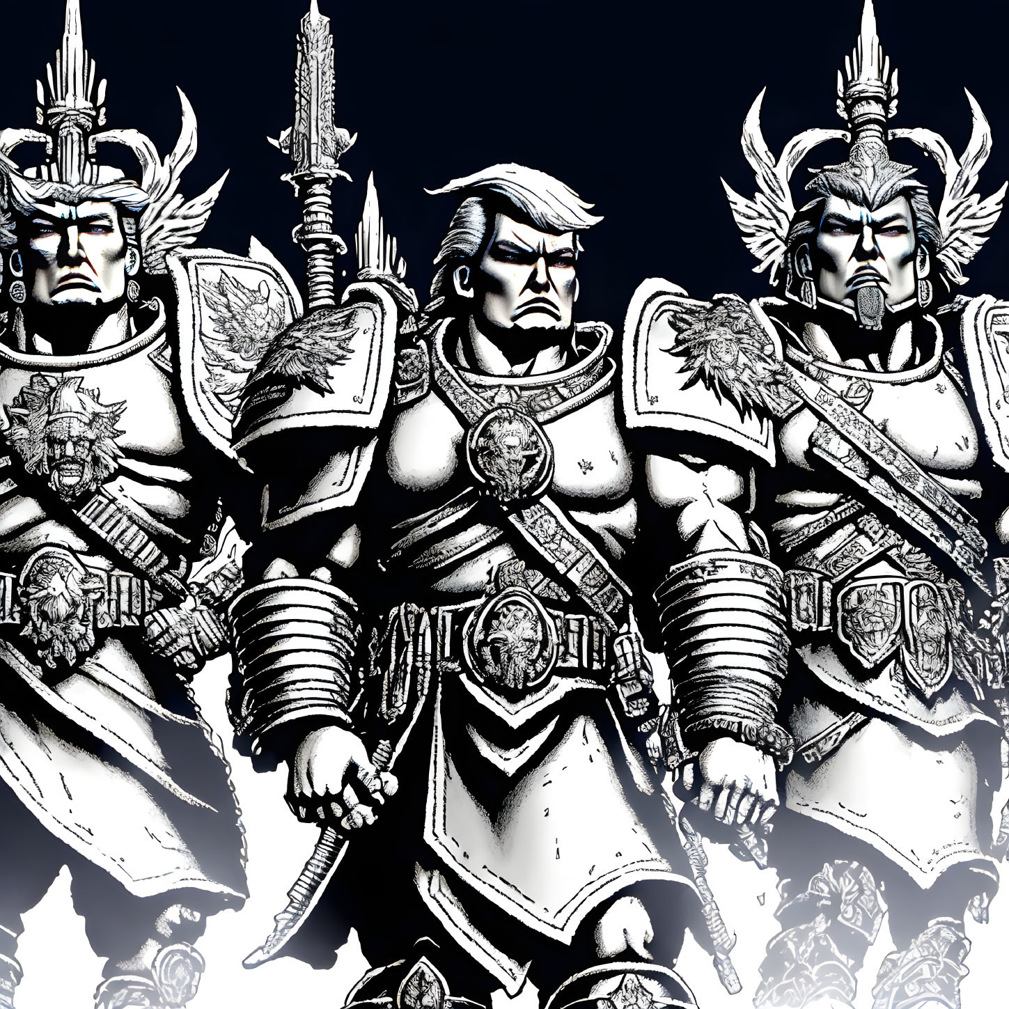 Monochrome illustrated warriors in ornate armor with different weapons