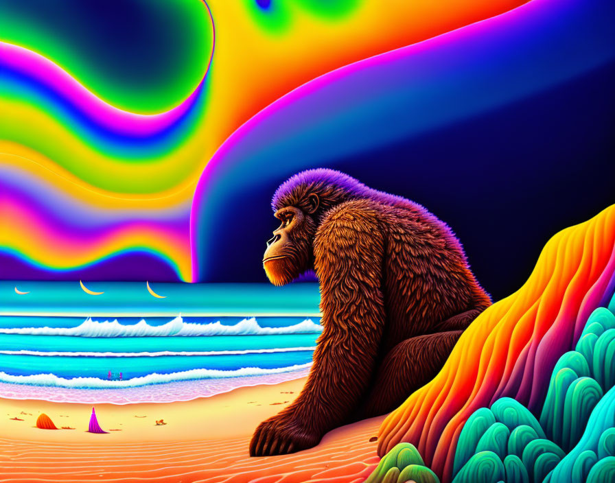 Colorful digital artwork: Thoughtful gorilla on psychedelic beach