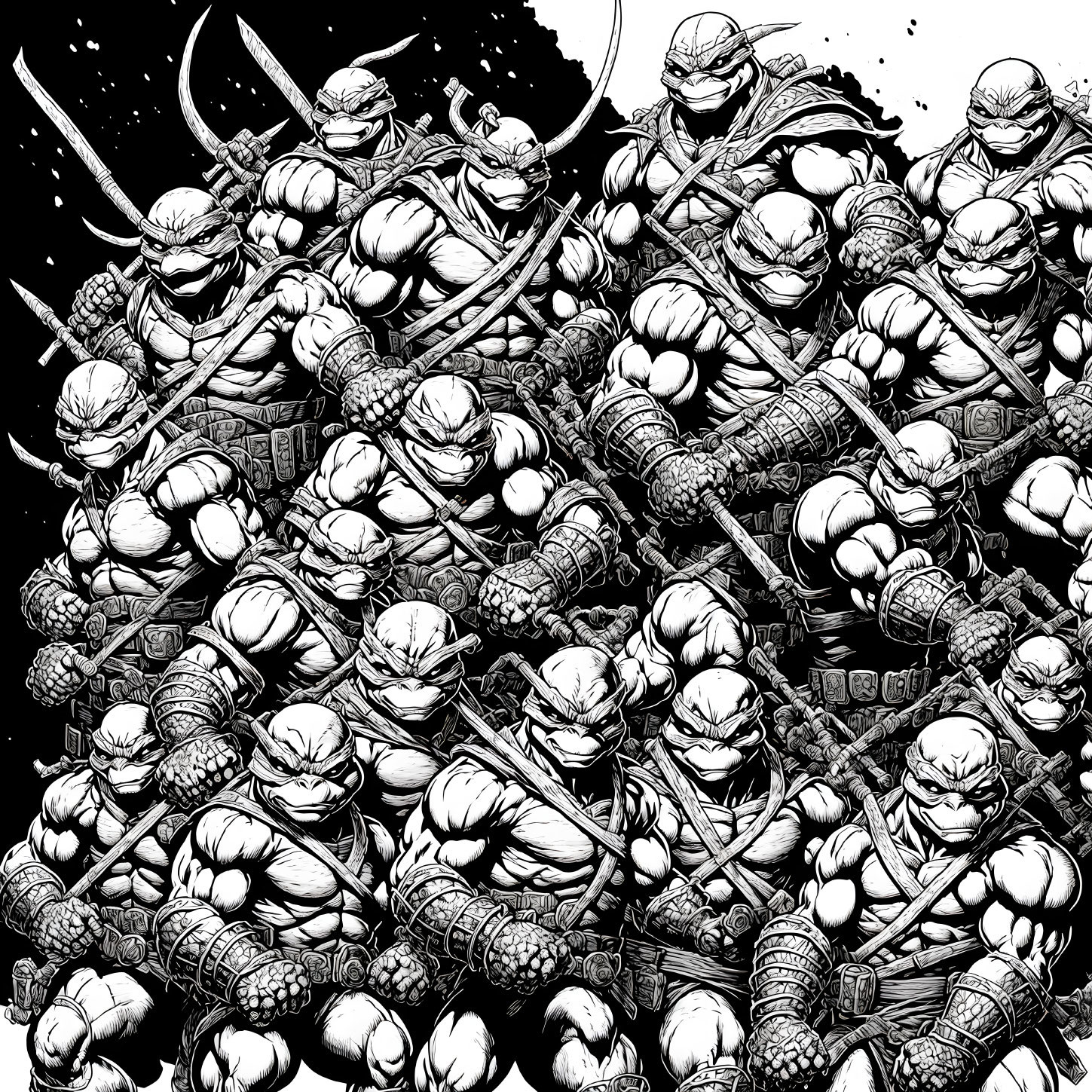 Dynamic Black and White Ninja Turtles Illustration with Various Weapons