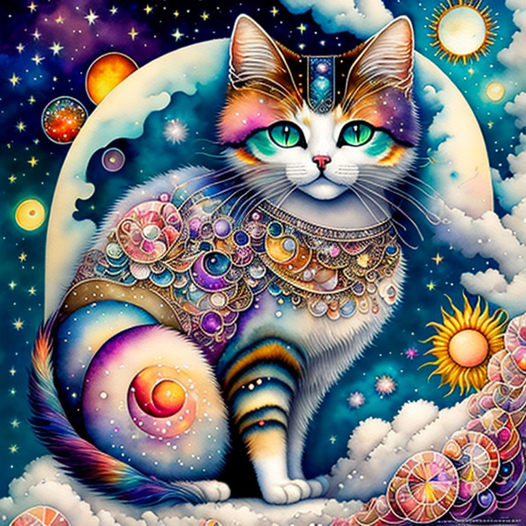 Colorful Whimsical Cat Illustration with Cosmic Background