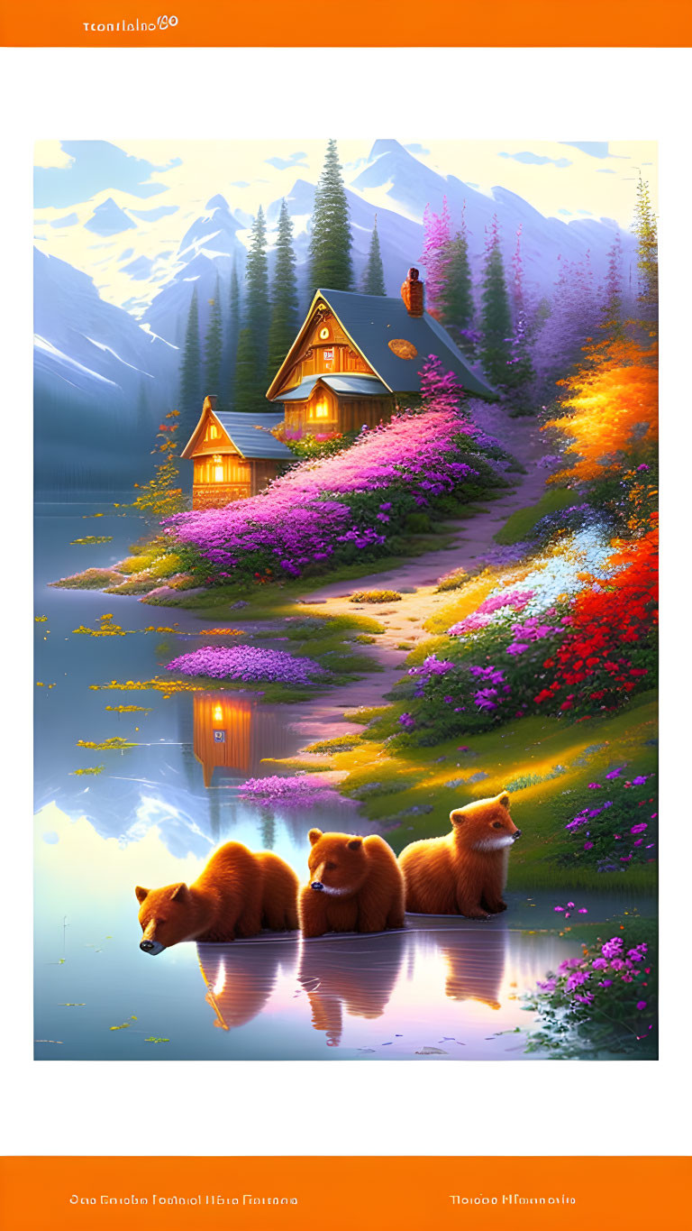 Digital painting of three brown bears by lake with floral landscape, cabin, mountains.