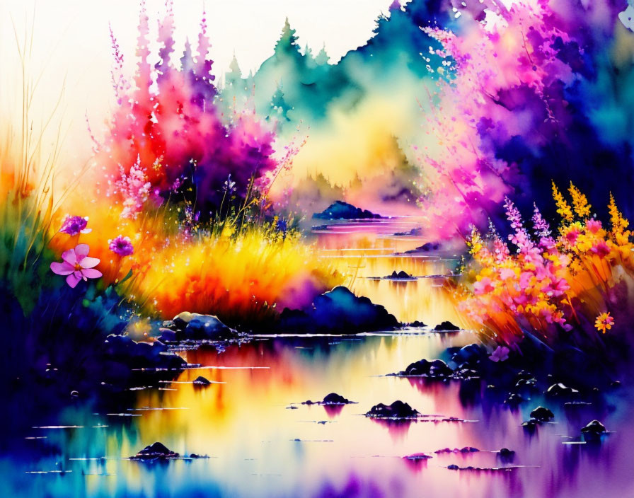 Colorful Watercolor Painting of Whimsical Landscape with Flowers and River