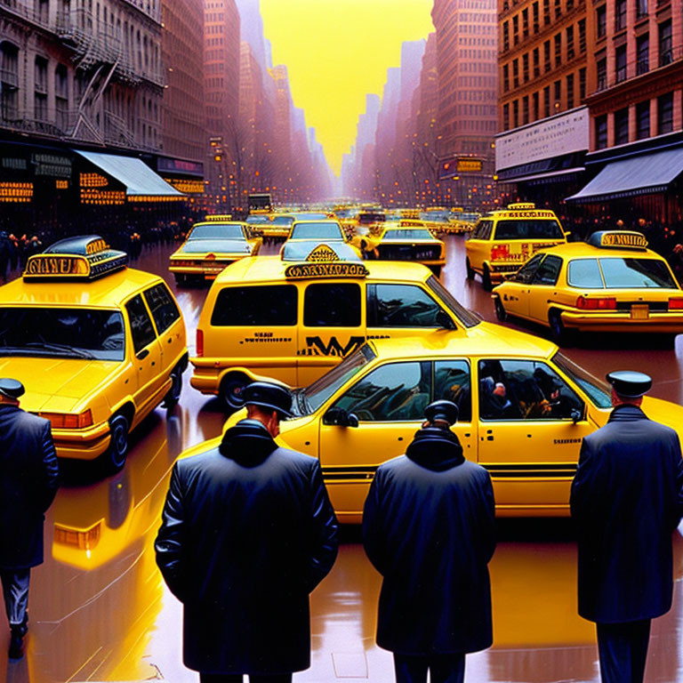 Cityscape with yellow taxis, wet streets, silhouettes, and skyscrapers