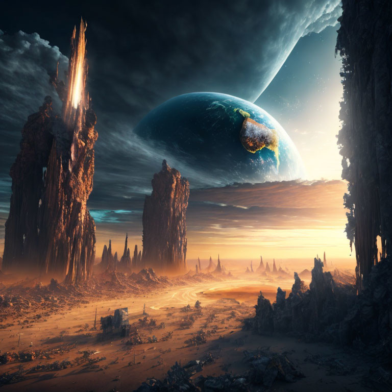 Surreal desert landscape with towering rock formations and giant planet in the sky