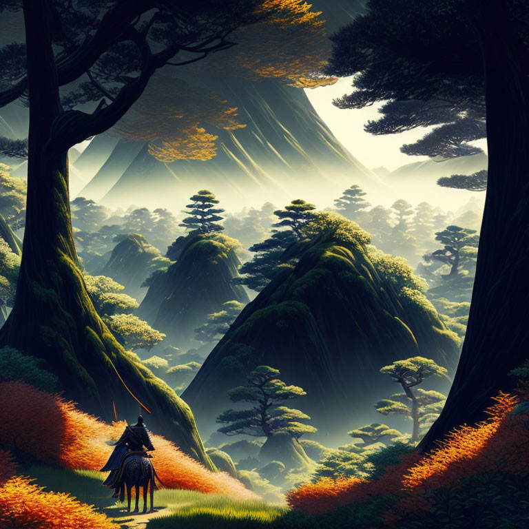 Samurai in serene forest with mountain view