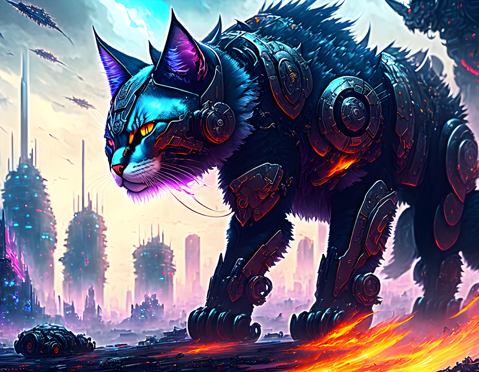 Mechanical cat with glowing eyes in futuristic cityscape at dusk