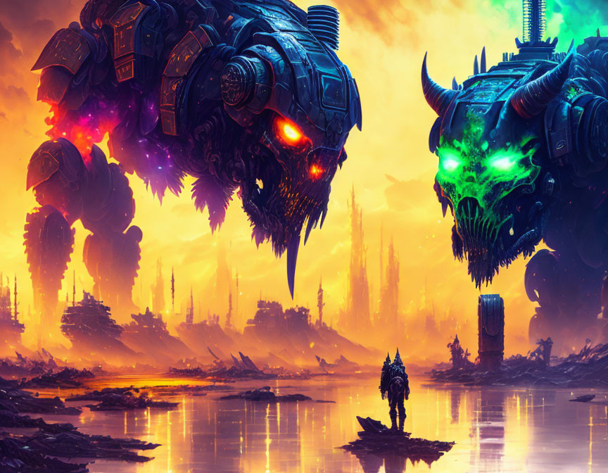 Sci-fi scene: Two giant robotic beasts in dystopian setting