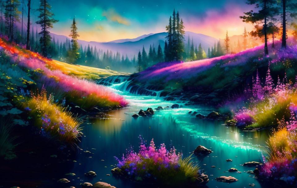 Colorful Landscape with Turquoise River and Waterfall surrounded by Lush Greenery