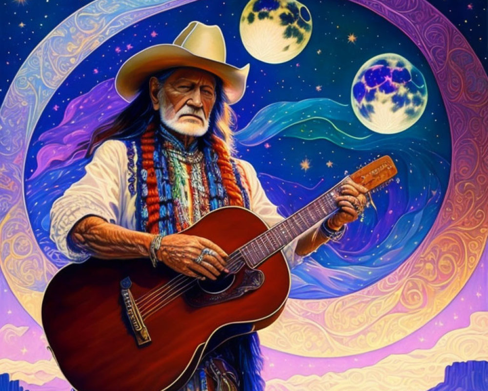 Bearded man playing guitar with cosmic background.